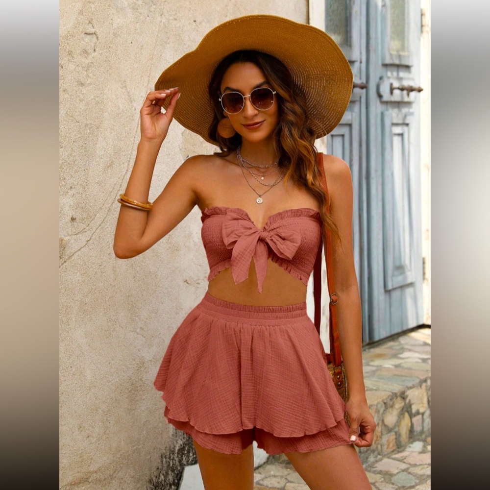 Super cute 2 piece bandeau top & skirt rose-colored. NWT. Never worn.